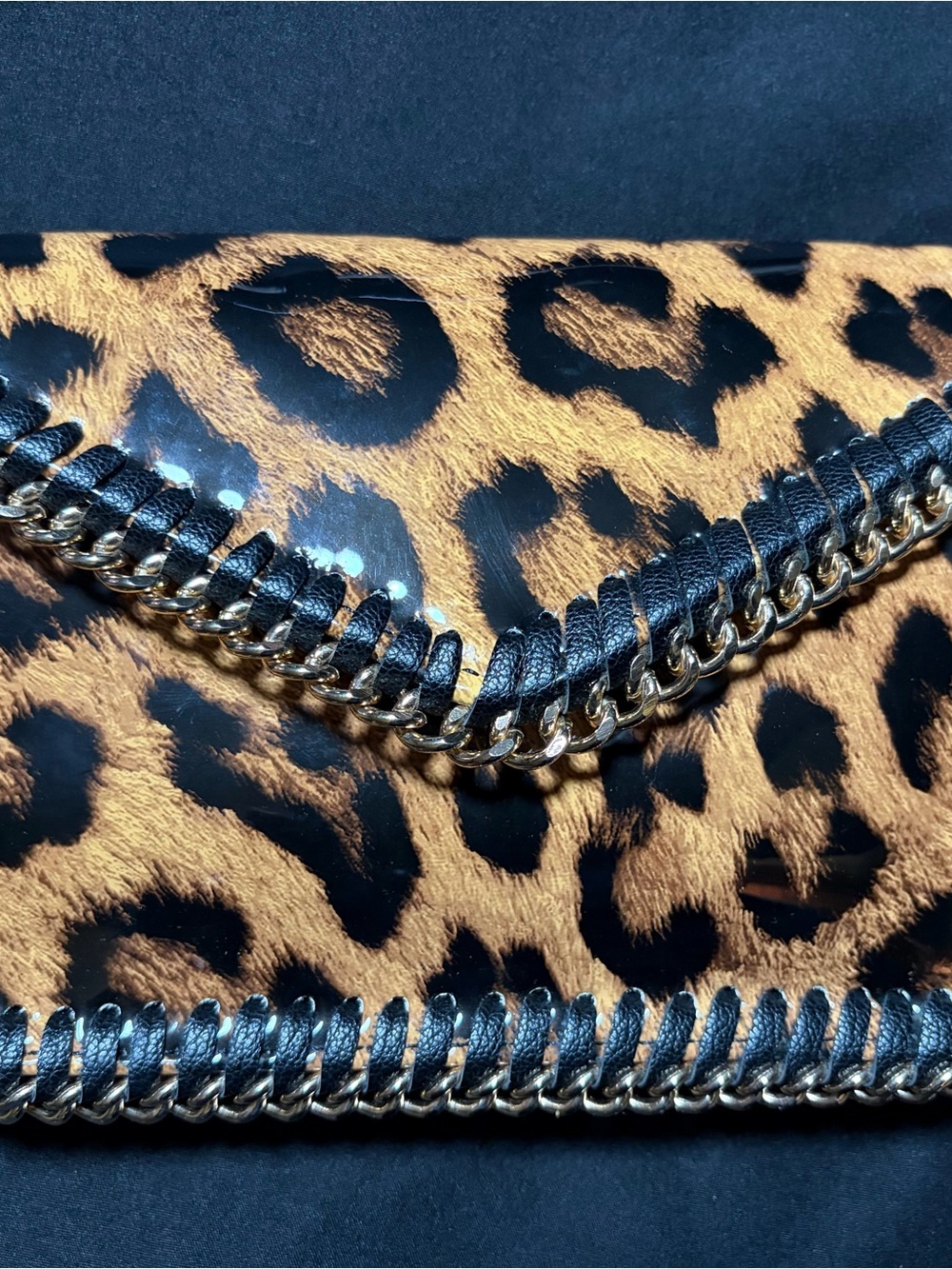 Sondra Roberts Leopard Print Envelope Clutch with Chain Trim - Black and Brown
